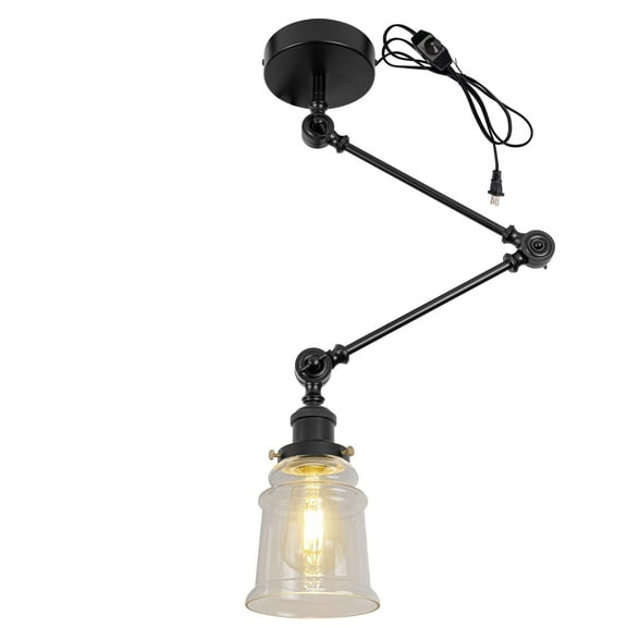 Kiven Pendant Light Fixture Adjustable Height,Black Swing Arm Hanging Lights Retractable Design with 15ft Plug-in Cord, Industrial Ceiling Pendant Light for Kitchen Island Picture Office TB0213