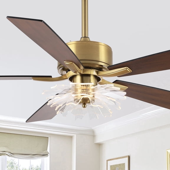 Parrot Uncle 52" Vintage Brass 3CCT LED Ceiling Fan with Remote Control, Dimmable, Elegant Floral Open Shade, Double-Sided Blades, for Living Room & Bedroom
