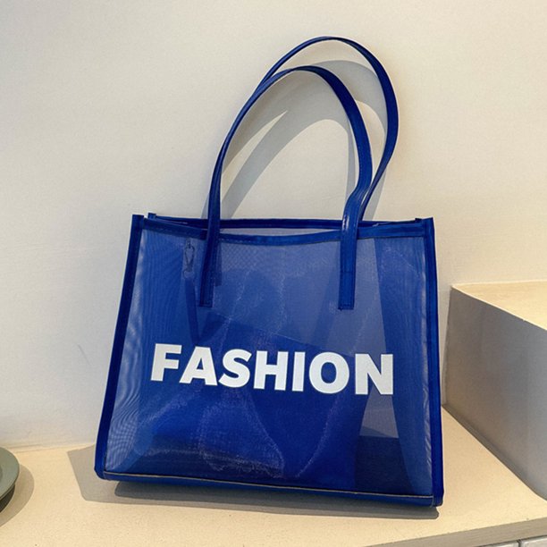 Bolso de playa para mujer, 2 uds., Bolso de mano de malla, Bolso de mano de PU para niñas, Bolso de compras (azul)