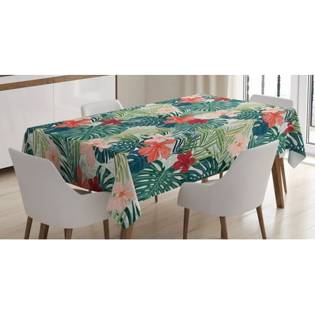 

Leaf Tablecloth Summer Beach Holiday Themed Hibiscus Plumeria Crepe Ginger Flowers Rectangular Table Cover for Dining Room Kitchen 60 X 84 Inches Pink Red Green and Dark Green by Ambesonne