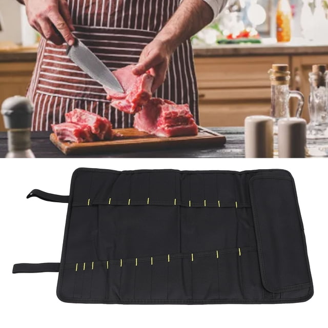 Portable Chef Knife Roll Bag, Kitchen Canvas Cutlery Knife Storage Roll Bag with 20 Slots for Traveling Camping Storing Forks Spoons Paring Carving Scissors