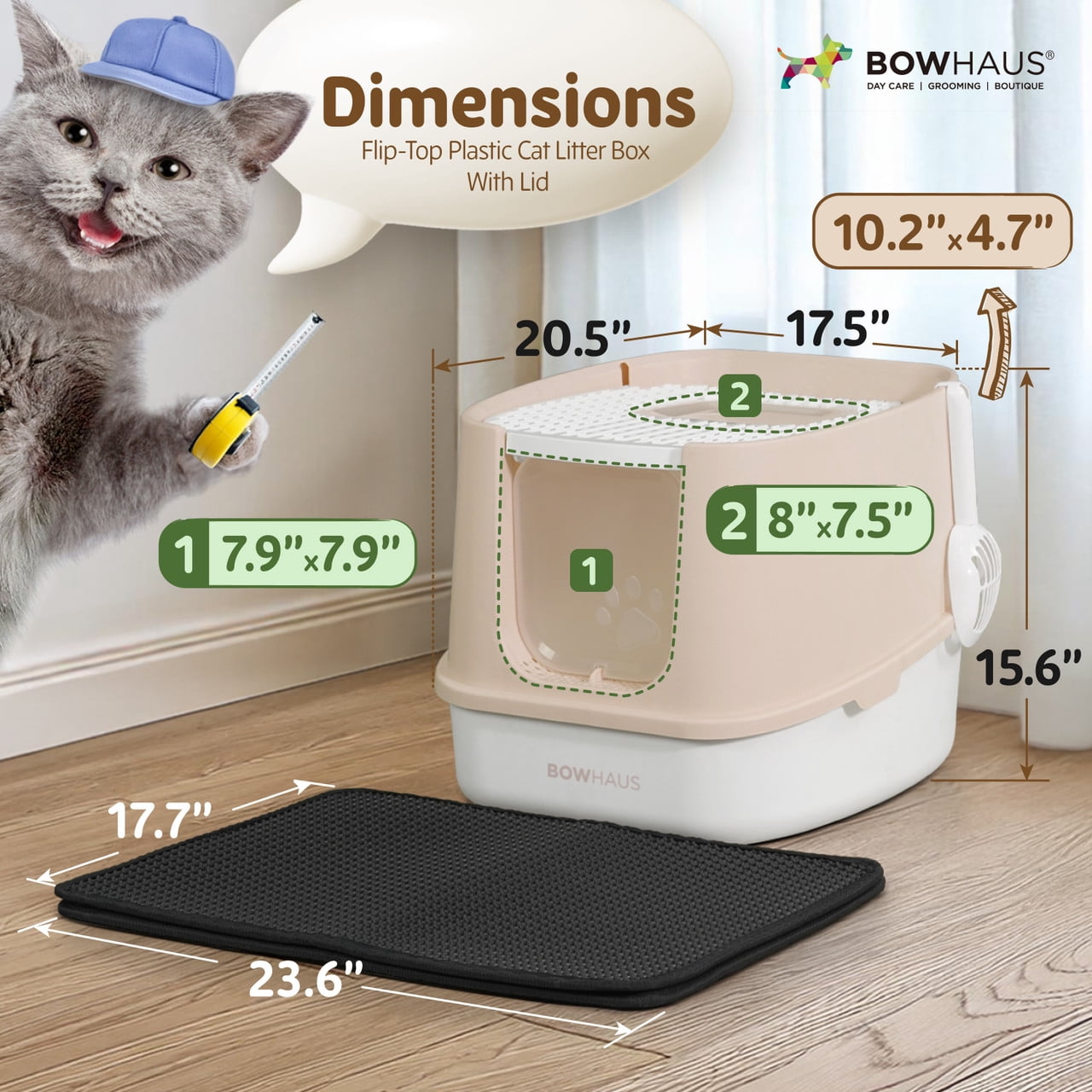 CAPHAUS Fully Enclosed Cat Litter Box with Double Door, Large Space Anti-Splashing Cat Toilet with Scoop, Cat Mat & Odor Fitter, Plastic Cat Litter Box w/ Lid, Lockable Front Door, Beige