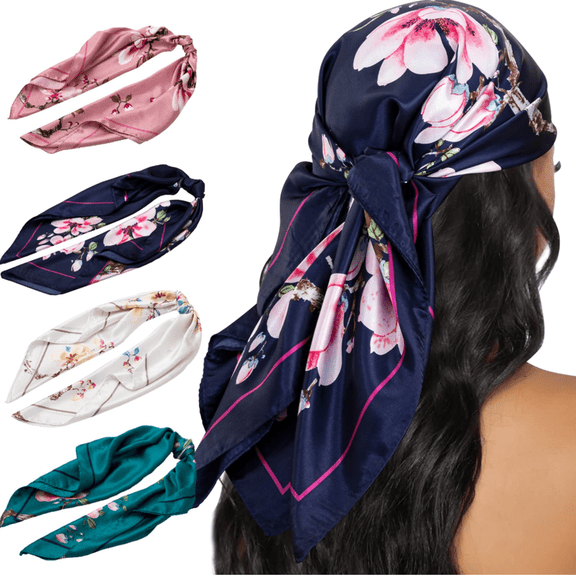 35" Large Square Satin Head Scarf - 4PCS Silk Hair Scarf Square Hair Bandanas Women Sleeping Head Wraps