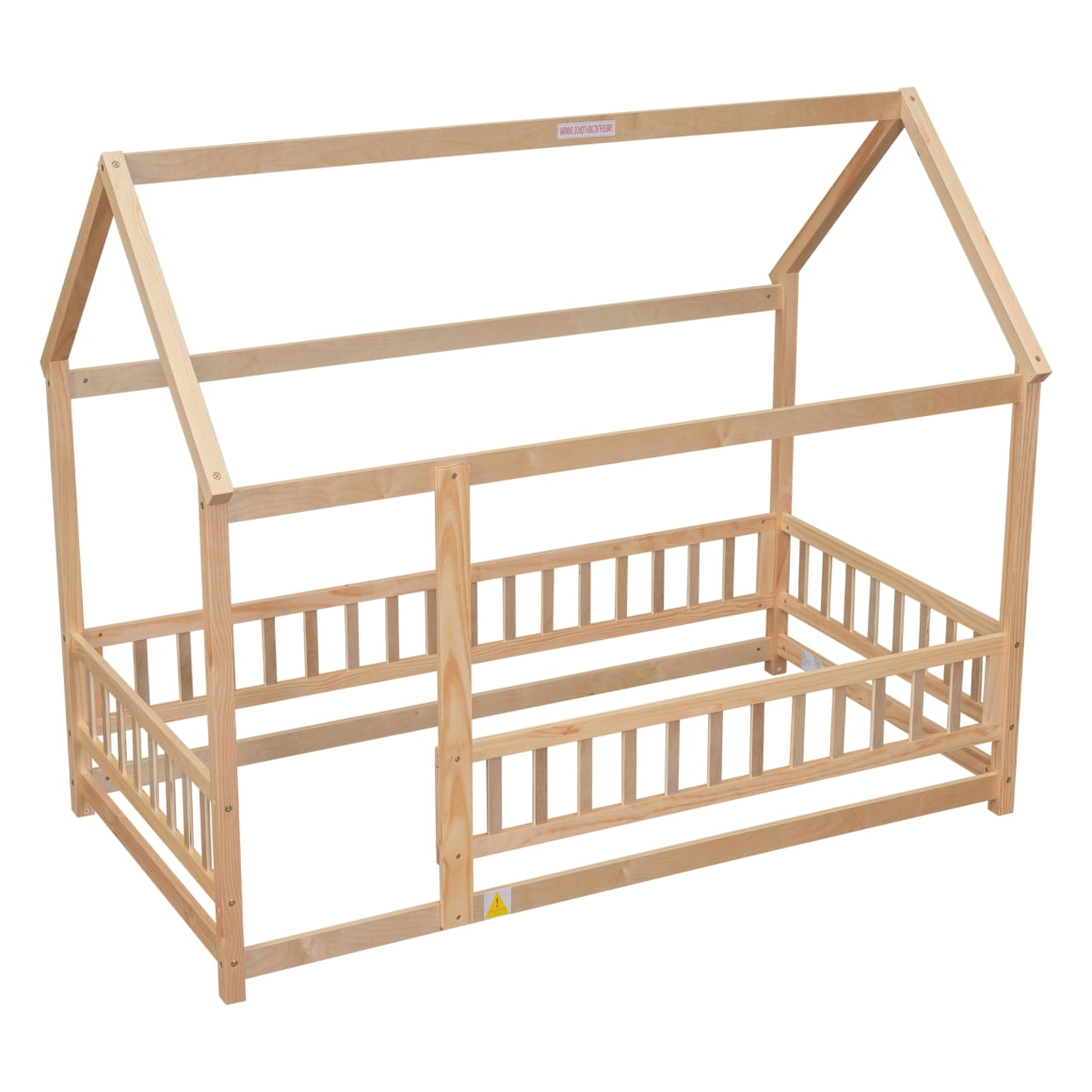 Twin Size Floor Bed Frame, Montessori Floor Bed with House Roof Frame and Fence Guardrails, Natural