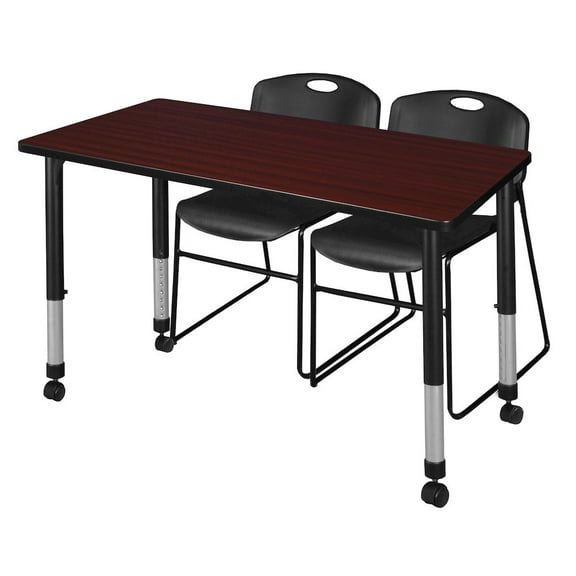 Regency 48x30 Mobile Adjustable Classroom Table- Mahogany & 2 Zeng Stack Chairs- Black