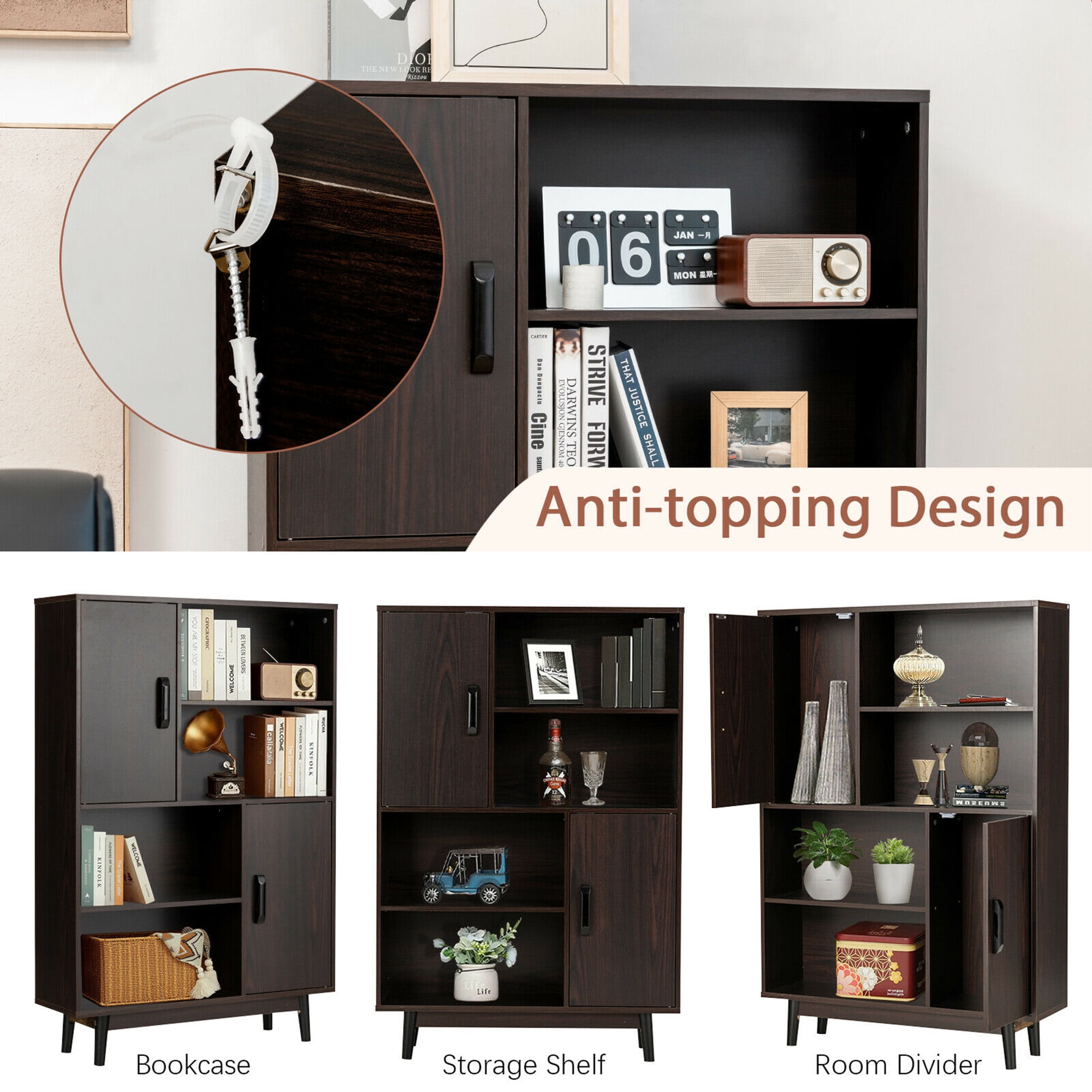 Gymax Wood Storage Cabinet with 2 Doors, Brown