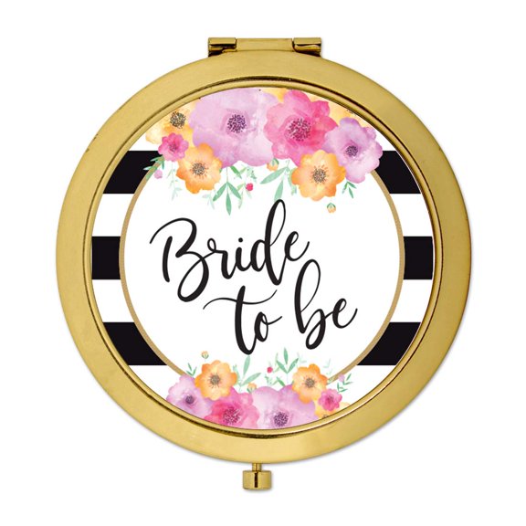 Koyal Wholesale Compact Mirror Bride to Be Wedding Gift, Gold, Modern Black White Stripes Pink Flowers, 1-Pack