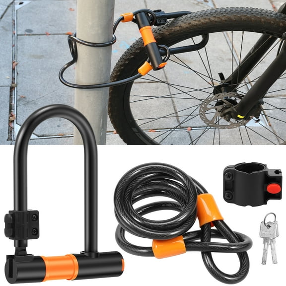 Bike Lock Set with 3.94ft Steel Cable Secure Anti Theft Bicycle U Lock with Bracket 2 Keys for Road Bike Motorcycles Fence