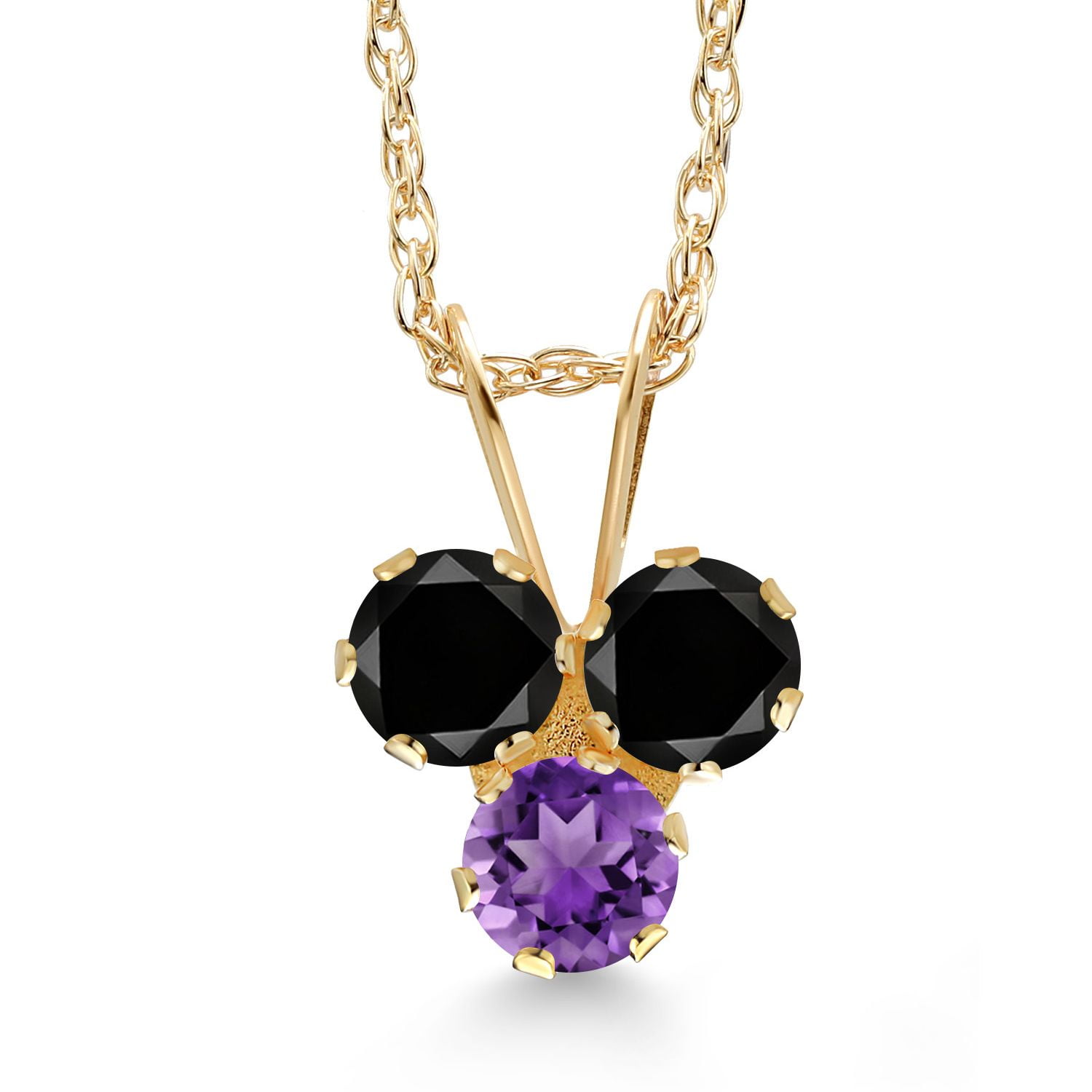 Gem Stone King 14K Yellow Gold Black Diamond and Purple Amethyst 3-Stone Pendant Necklace for Women (0.30 Cttw, Gemstone April Birthstone, Round 3MM, 18 inch Chain)