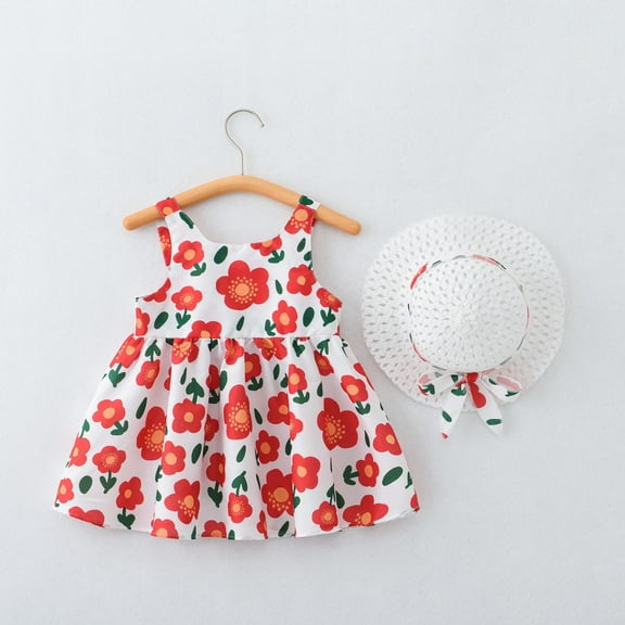 Fengyings Clearance Toddler Kids Girls Summer Cotton Dress Sleeveless Casual Summer Sundress Princess Dress Flower Printed Jumper Skirt with Hat