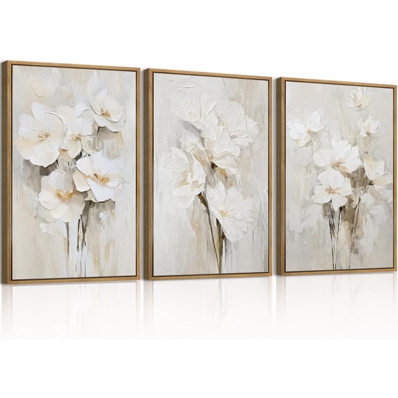 Beige Floral Wall Art Neutral Flower Wall Decor for Living Room Bedroom Dining Room 16x24 Inch Set of 3