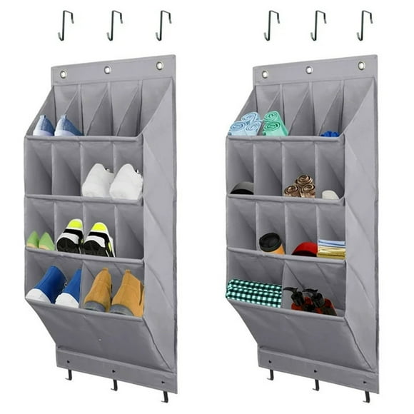 TEAFIRST 2 Pack Hanging Shoe Rack, Hanger 14 Pockets with Large Pockets for Door Closet, Gray