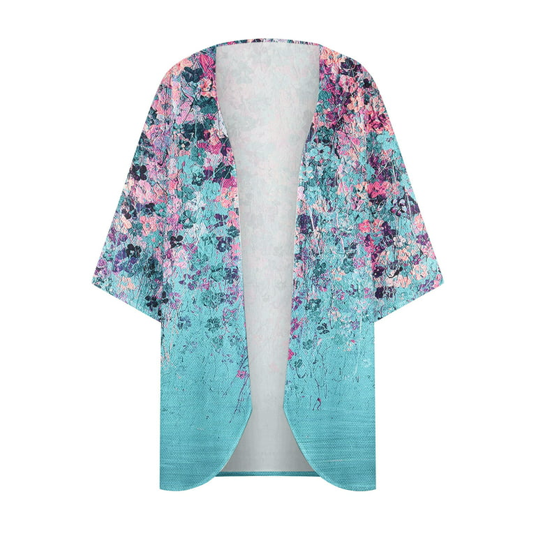 Gosuguu Clearance Kimono Cardigans Women Floral Print Lightweight Chiffon  Kimono Cardigan Long Sleeve Loose Beach Wear Cover up Blouse Top # Outlet  Deals Overstock Clearance Blue M 