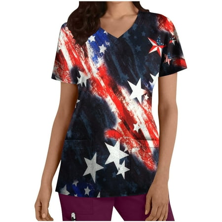 

Taqqpue Independence Day V-Neck Short Sleeve Scrub Tops for Women Plus Size American Flag Print Blouse Casual Working Nurse Uniform Workout Tops T-Shirts with Pockets 4th of July Outfits for Women