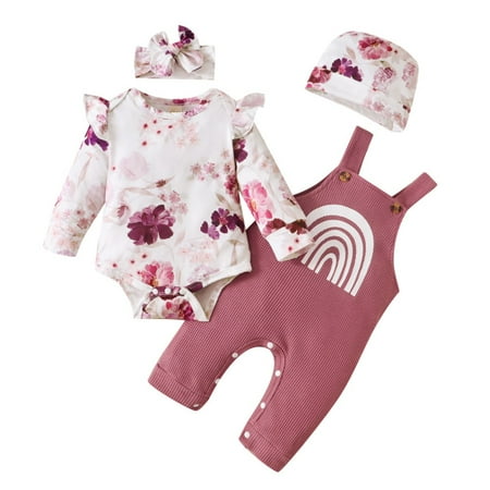 

SYNPOS 0-18M Baby Girls Long Sleeve Floral Romper+Bib Overalls+Headband+Hat Outfits
