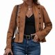 thumbnail image 2 of Chaqueta de Gamuza Sintética para Mujer, Informal, de Otoño, de Larga, Cuello Alto, con Abertura Frontal, Blazer Corto, Abrigo. Marrón Oscuro L, 2 of 9