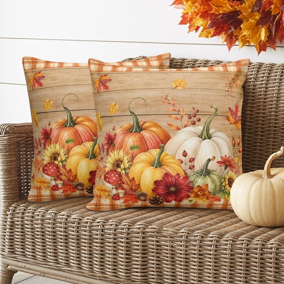 Outdoor Waterproof Throw Pillow Cover 16"x16" Pack of 2 Autumn Farm Pumpkins Decorative Pillowcases,Square Cushion Case for Couch Patio Tent Garden,Thanksgiving Maple Leaves