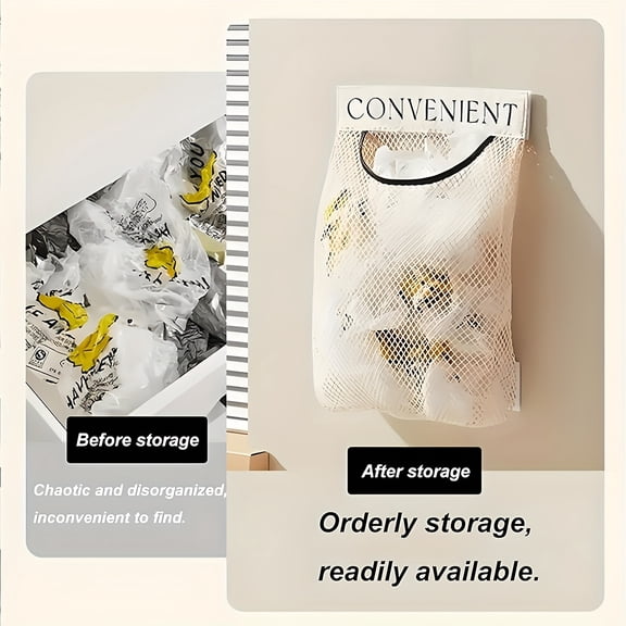Wall-Mounted Plastic Bag Dispenser, Removable Mesh Grocery Bag Holder with Strong Adhesive, Space-Saving Bag Organizer for Kitchen, Pantry, Cabinet, Laundry Room & Home Storage