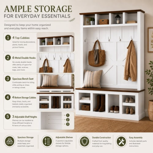 78.8" H Farmhouse Hall Tree with Bench and Shoe Storage – Entryway Coat Rack with 6 Double Hooks, 4 Top & 4 Bottom Cubbies, Adjustable Shelves, White
