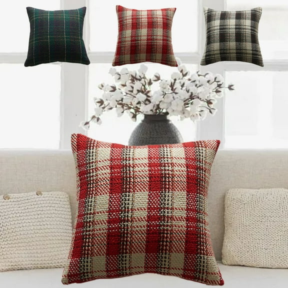 ABPWLY Home Christmas Woolen Plaid Pillow Cover Home Fabric Cushion Case 45x45cm Polyester Red Green Home Decor