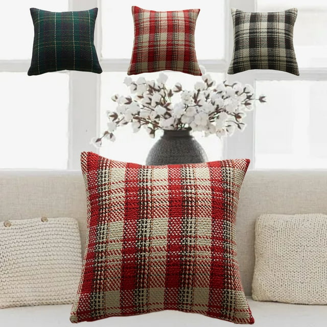 Xihbxyly Funda de Almohada Navideña, Tela de Lana a Cuadros, Suave y Cómoda, de Fácil Cuidado, Decoración Navideña, Acogedora Decoración para El Hogar, Tamaño 45 X 45 Cm, Colores Rojo y Verde.