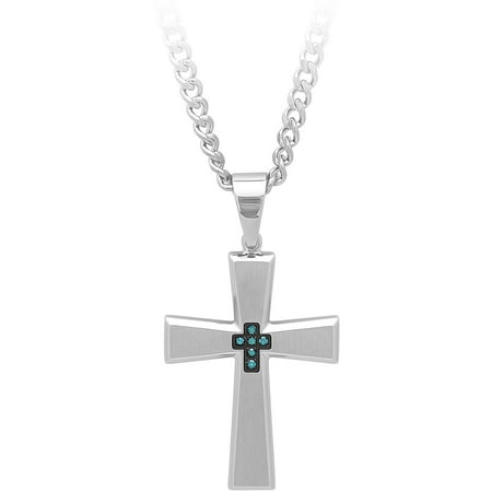 MenÃƒÂ¢ s Stainless Steel Blue Diamond Accent Cross with 24ÃƒÂ¢ Curb Chain - Mens Pendant