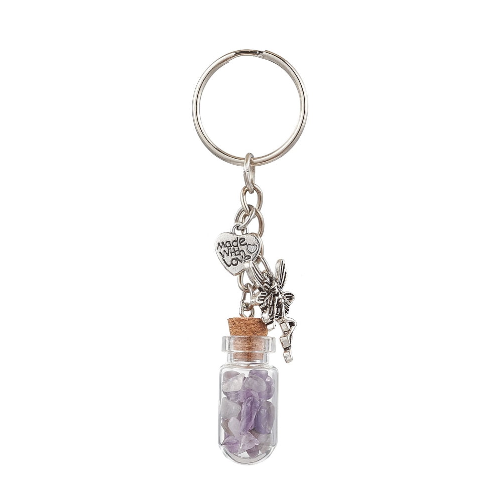 7pcs Glass Wish Bottle Keychains with Iron Split Key Rings and Gemstone Chip Beads 89mm