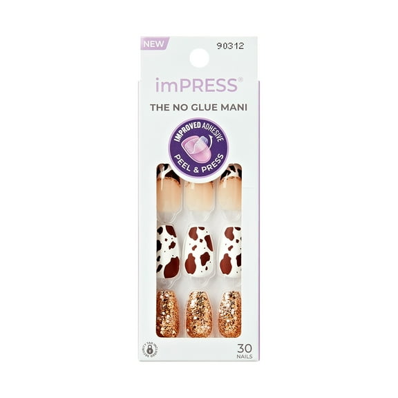 KISS imPRESS Design  Press on Nails, Pepper, Brown, Medium Coffin, 30 Count