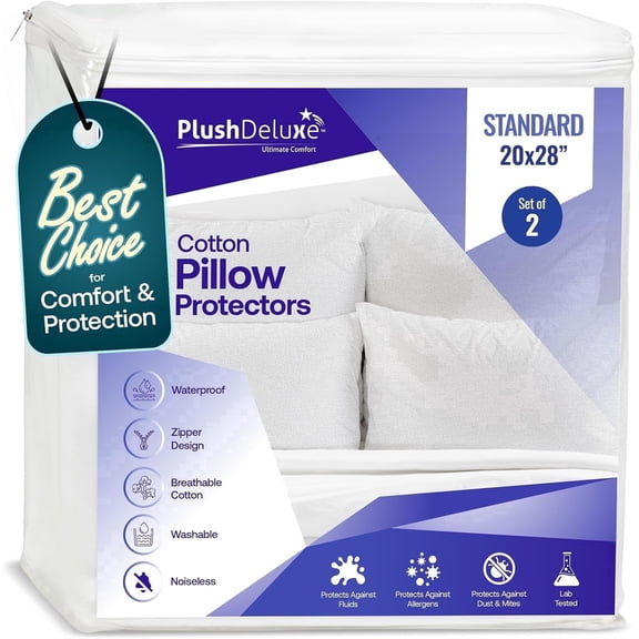 PlushDeluxe Cotton Pillow Protectors with Zipper, Waterproof Pillow Covers, Standard, 2 Pack