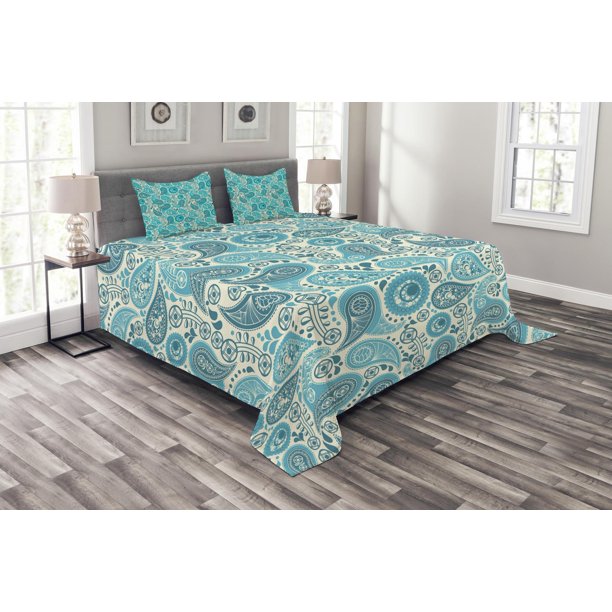 Turquoise Bedspread Set, Paisley Pattern Antique Floral Pattern Ornaments Stylized Classical