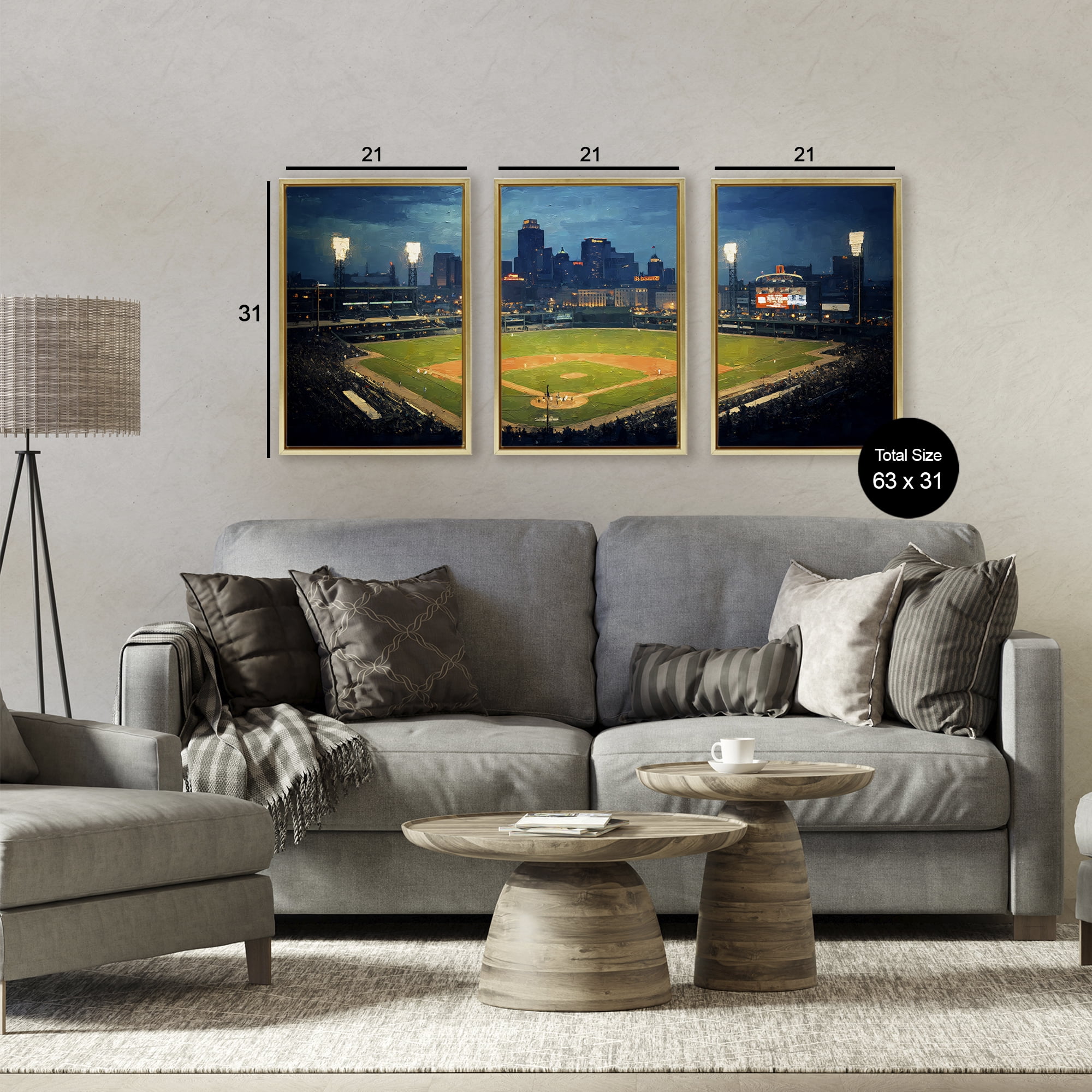 Stupell Industries Baseball Stadium Night View 3 Piece Gold Framed Floater Canvas Set, design by Arlington Prints