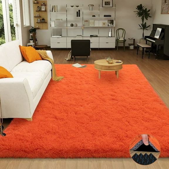 SARAG Indoor Outdoor Rugs 4x6ft Area Rugs For Living Room, Large Fluffy Black Rugs For Bedroom, Soft Carpet Shag Kids Room Rug, Non-Slip Stickers Rugs Indoor Orange