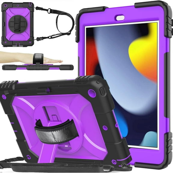 SUPNICE iPad 9th/8th/7th Generation Case, iPad 10.2 Case,Shockproof 360 Rotating Stand Hand Strap Pencil Holder Kids Case for iPad 10.2 inch 2021/2020/2019,Black and Purple