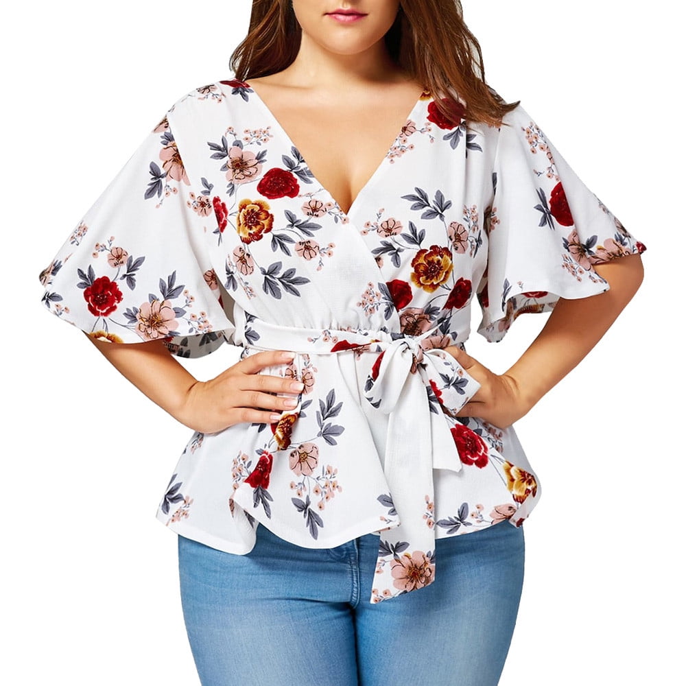 Aimik Womens Plus Size Floral Print Tops Deep V-Neck Belted Surplice Peplum Short Sleeve Ruffle T-shirt Summer Clothes Casual Chiffon Blouse Tunic ...