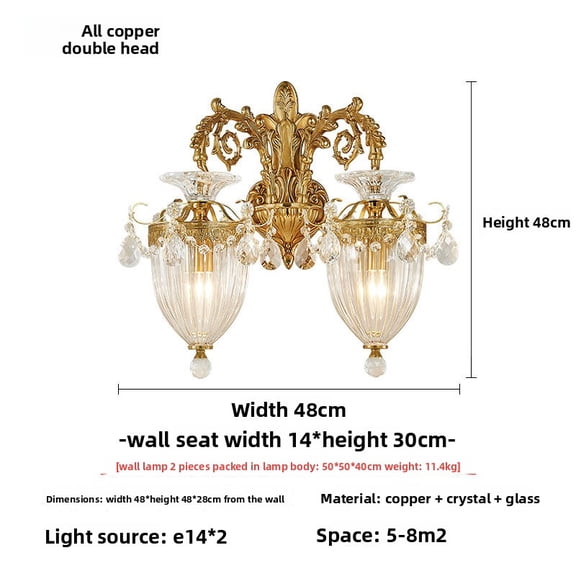 French Light Luxury Full Copper Crystal Wall Sconce, European LED Light Fixture for Bedroom Bedside Background Wall, Living Room TV Wall, Staircase Lighting