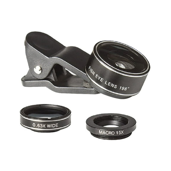 3 in 1 Cell Phone Camera Lens 198° Fish-eye Lens 0.63X Super Wide Angle Lens 15X Teleconverter Lens Mobile Phone Lens for Smart Phones (Black)