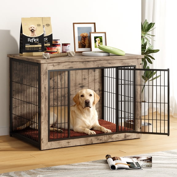 Furmax Heavy-Duty Wooden Dog Crate 2-Door Furniture Style Kennel with Chew-Proof Design & Removable Cushion, End Table for Small, Medium, Large Dogs