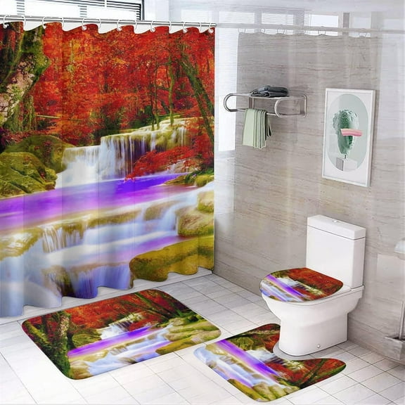 Great Falls Shower Curtain Sets with Rugs 4pcs Bathroom Decor Set Waterproof Shower Curtain Non-Slip Rugs Toilet Rugs Bath Mats Bathroom Curtains Shower Set, For Family Dormitory Hotel 71 x 71 Inch