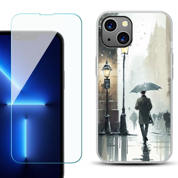 OneToughShield ® for iPhone 13 Shockproof Phone Case, with Tempered Glass Screen Protector - City in the rain