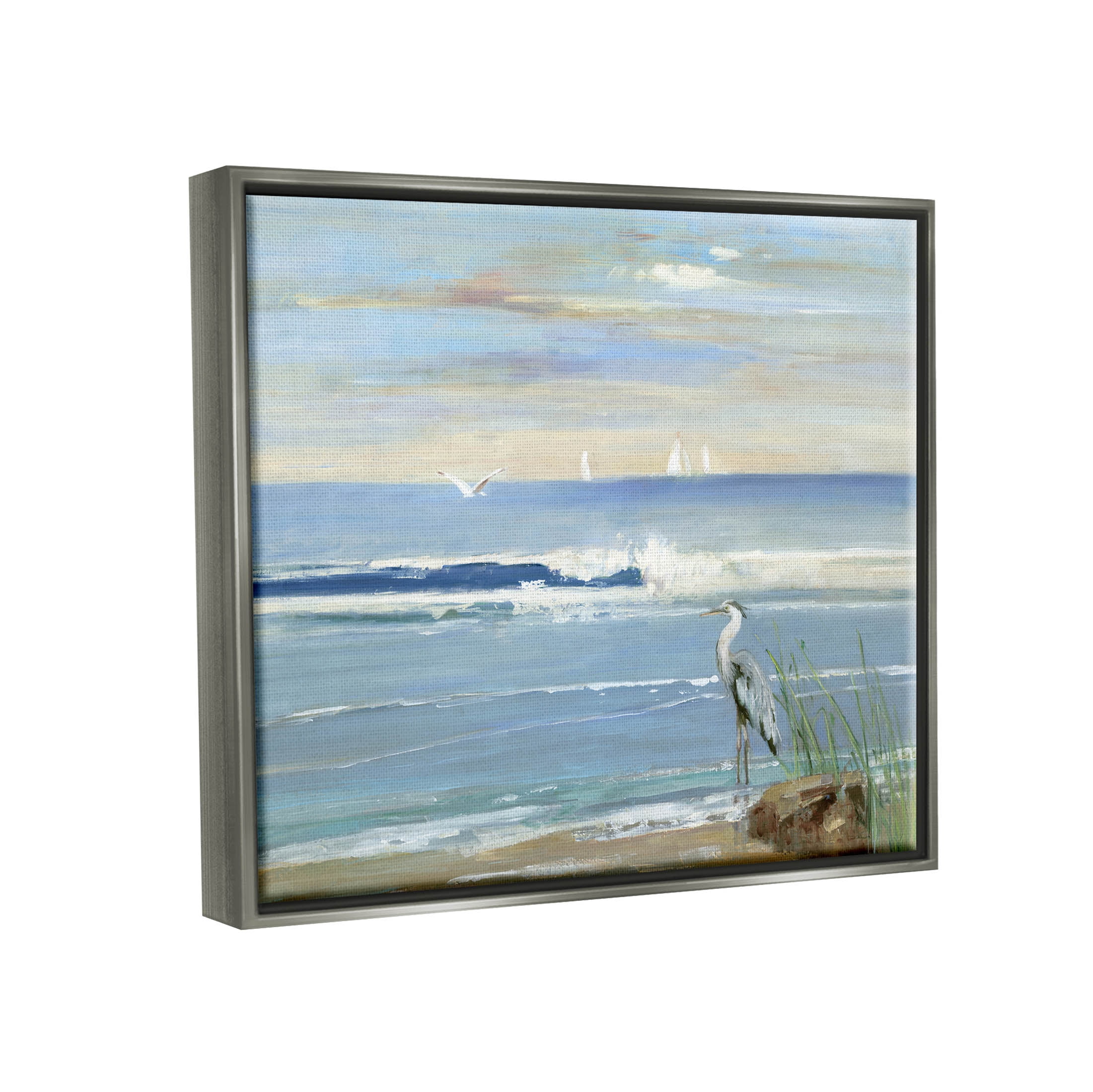 Stupell Industries Heron Splashing Beach Waves Painting Luster Gray Floating Framed Canvas Print Wall Art, Design by Sally Swatland
