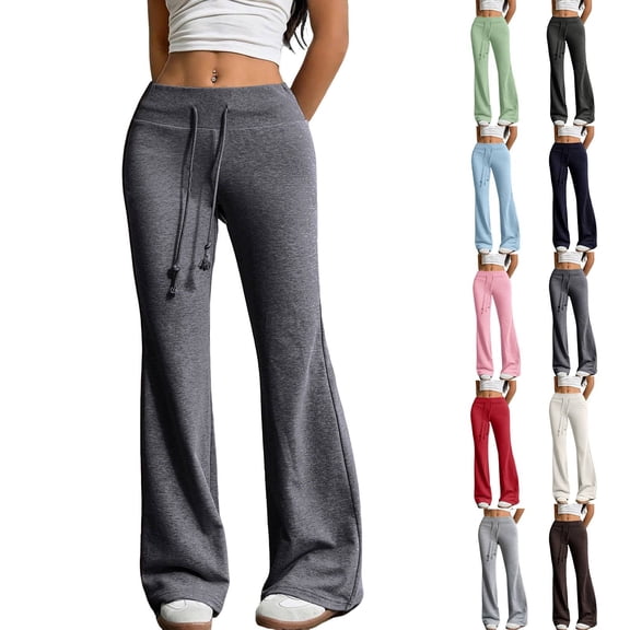 Cyglowse Women's Drawstring Waist Bell Bottom Flare Leg Sweatpants Sports Causal Pants Dark Gray L