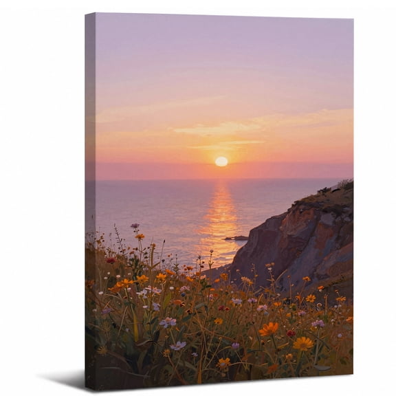 Coastal Sunset Canvas Wall Art Framed Decor Orange Sky Sea Wildflowers and Rocky Coastline 2D flat canvas print for bathroom bedroom or living room