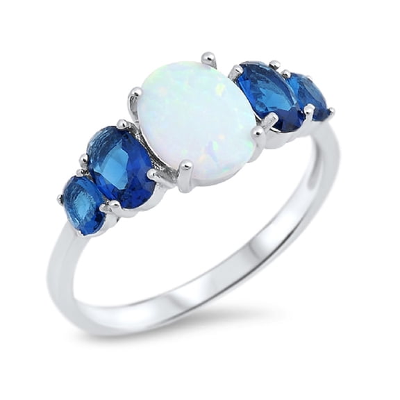 Oval White Simulated Opal With Graduated Simulated Sapphire Cubic Zirconia Ring Sterling Silver