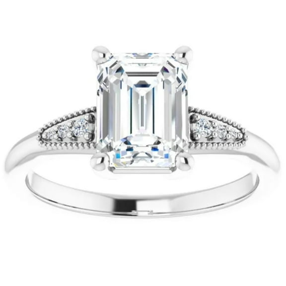 Pompeii 1 3/4Ct Diamond & Emerald Cut Moissanite Vintage Engagement Ring White Gold