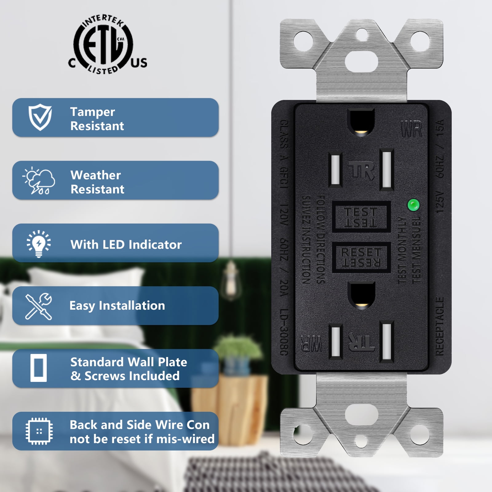 15amp Weather Resistant GFCI Outlet, Tamper Resistant GFI Receptacle with LED Indicator, Decor Wall Plate and Screws Included, ETL Certified, Black 10 Pack