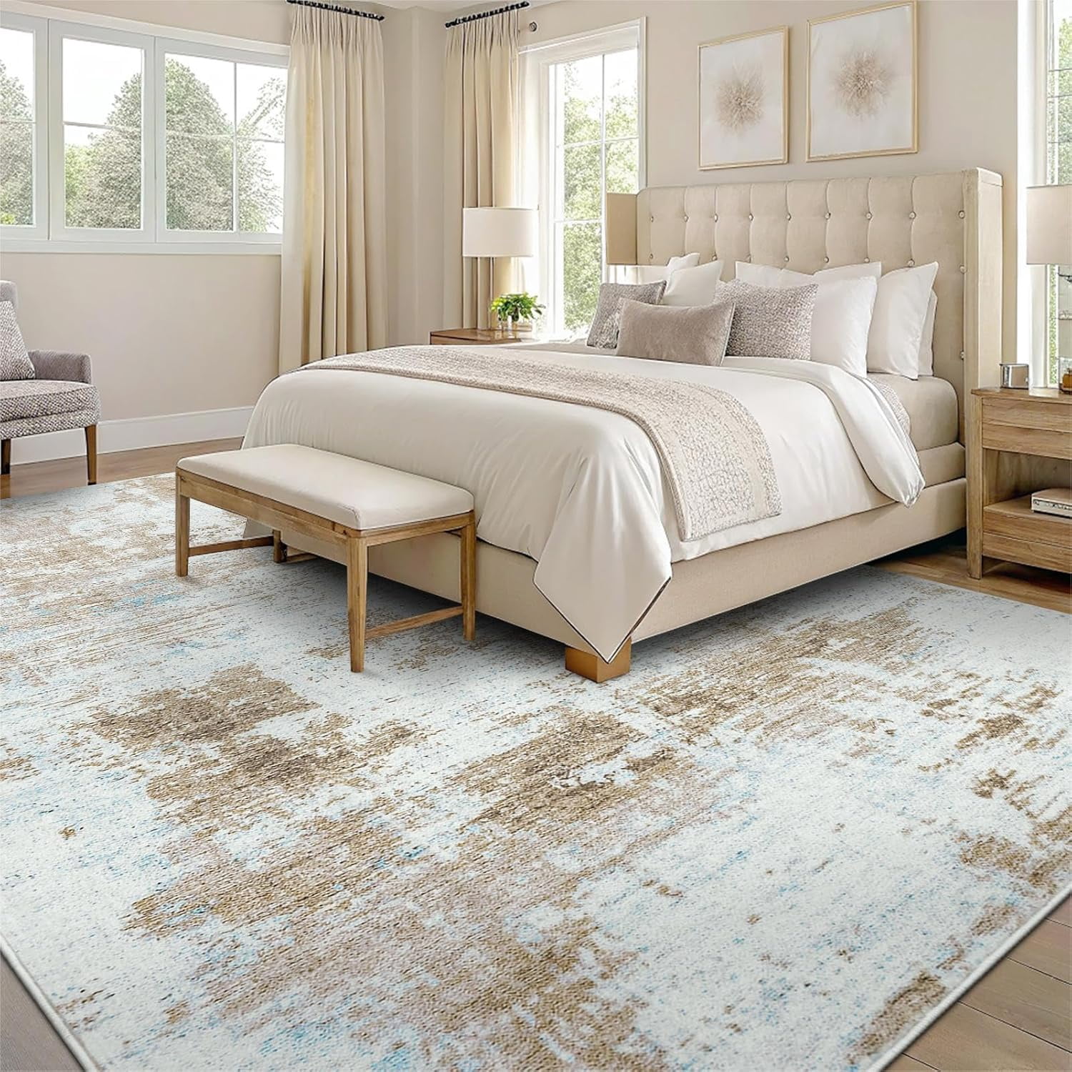 Buganda Area Rug for Living Room 5'X7', Washable Artificial Wool Area Rug, Low Pile Non-Slip Carpet for Bedroom Office Dining Room, Beige