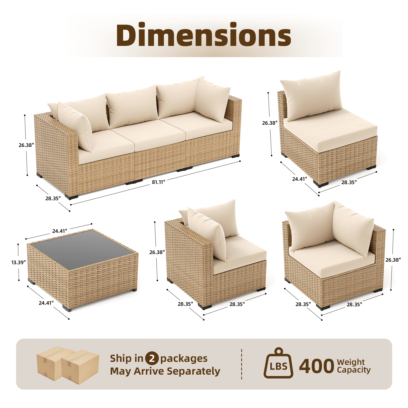 ELPOSUN 7-Piece Patio Furniture Set, Outdoor Conversation Set, All-Weather Wicker Outdoor Sectional Sofa Set with Table & Cushions, Beige