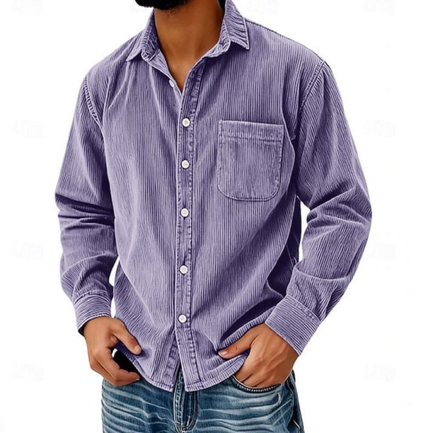 Camisa Casual de Manga Larga de Corduro de Ajuste Suelto para Hombres con Cuello Girable para el Uso Diario Y Trajes Elegantes