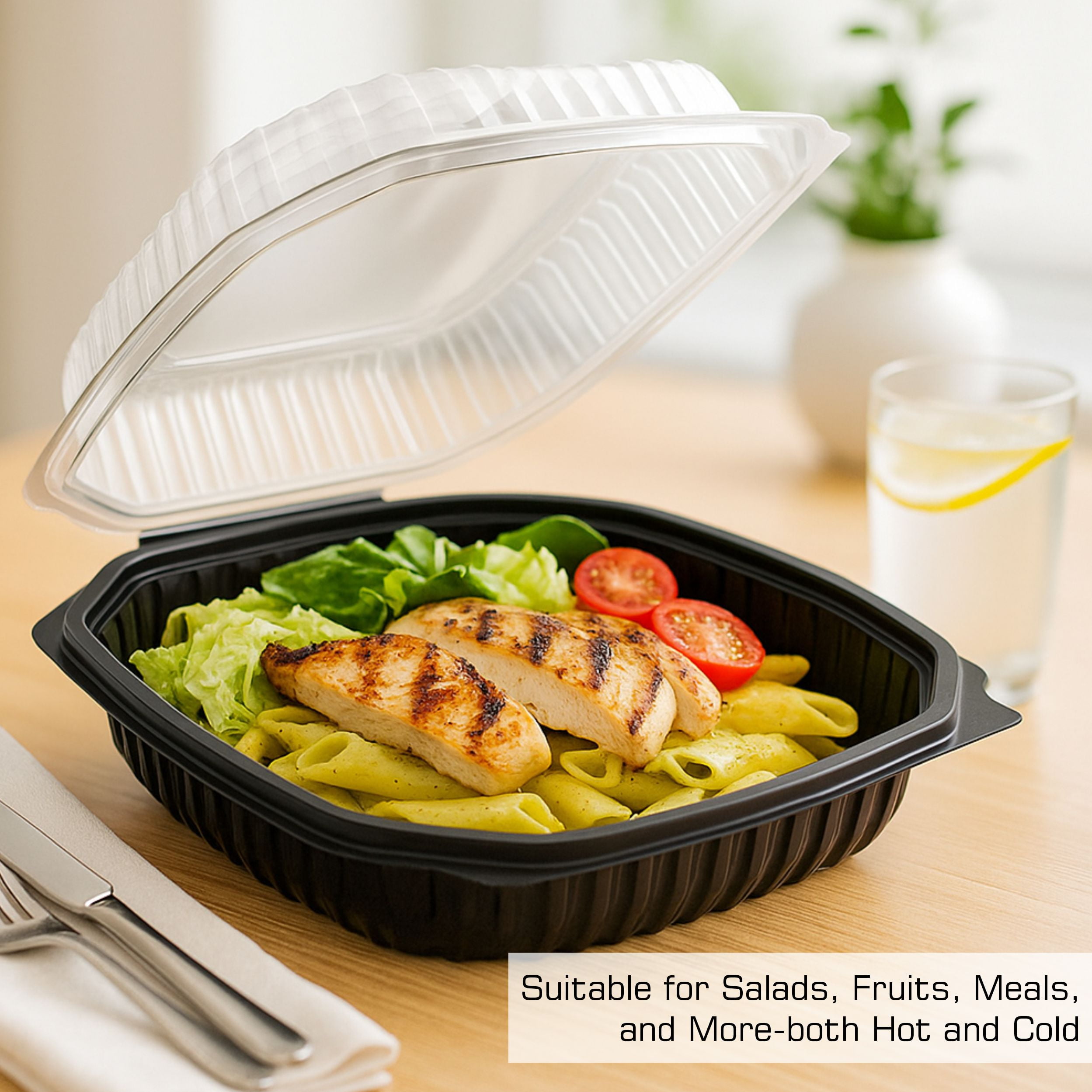EcoQuality 36oz 8" Square Black Container with Clear Dome Lid, Reusable Bento Box, Food Storage Containers | BPA Free | Stackable | Lunch Boxes, Microwave/Dishwasher/Freezer Safe (25)