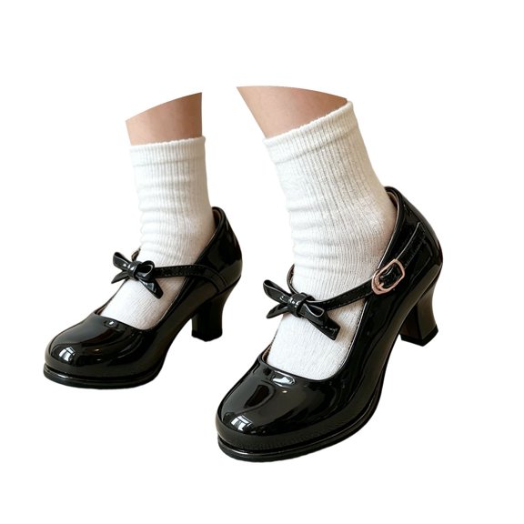 WAYUTE Girls Sandals Buckle Straps Closed Toe Leather Sandals with Bow Design Ankle Heel Princess Dress Shoes for Kids Party Wedding,Black,6 Y-7 Y